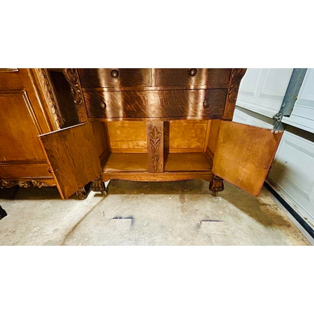 Brown Antique Victorian Carved Tiger Oak Wood Buffet With Mirror For Sale - Image 8 of 12