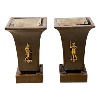 Pair French Régence Ormolu & Tôle Planters with Classical Allegorical Figures For Sale