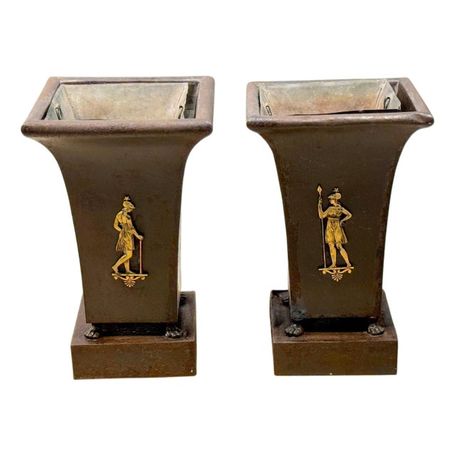 Pair French Régence Ormolu & Tôle Planters with Classical Allegorical Figures For Sale