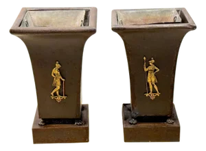 Pair French Régence Ormolu & Tôle Planters with Classical Allegorical Figures