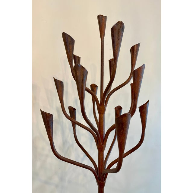 Fabulous artisan hand wrought iron floor chandelier in the style of Gregory Litsios. Brutalist style, with an earthy...