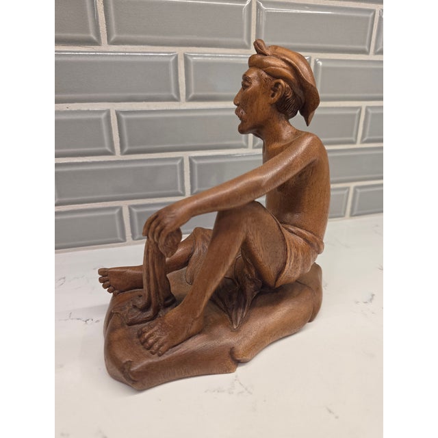 1950s Mid-Century Modern Realism Balinese Modernist "Seated Philosopher" Satinwood Sculpture For Sale - Image 4 of 12
