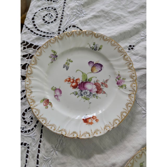 Ceramic Six Antique Meissen 6" Porcelain Plates With Hand Painted Garden Flowers & Gilt Highlights For Sale - Image 7 of 10