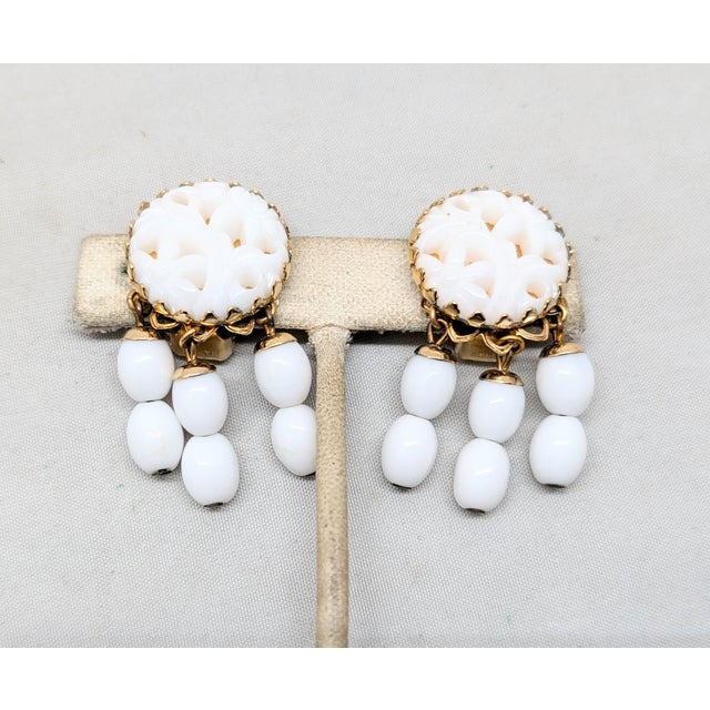 Napier Vintage 1960s Signed Napier Goldtone Carved White Faux-Jade Top With Beaded Dangles Clip Earrings-2 Pieces For Sale - Image 4 of 7