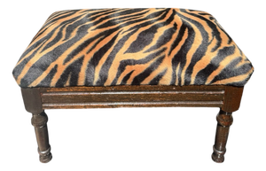 1920s English Mahogany Footstool With Turned Legs and Zebra Pattern Upholstery