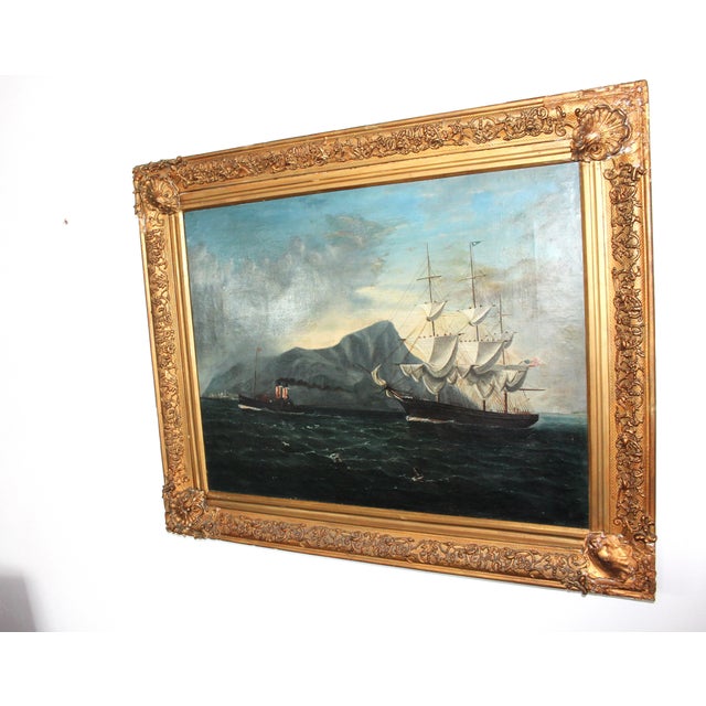 American Sailing Vessel Off Gibraltar, Early 20th Century, Oil Painting on Canvas, Framed For Sale - Image 10 of 11