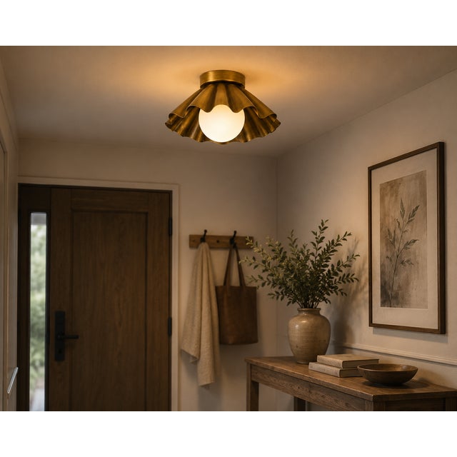 Handcrafted Solid Brass Scalloped Flush Mount Ceiling Light With Opal Glass Globe For Sale - Image 4 of 8