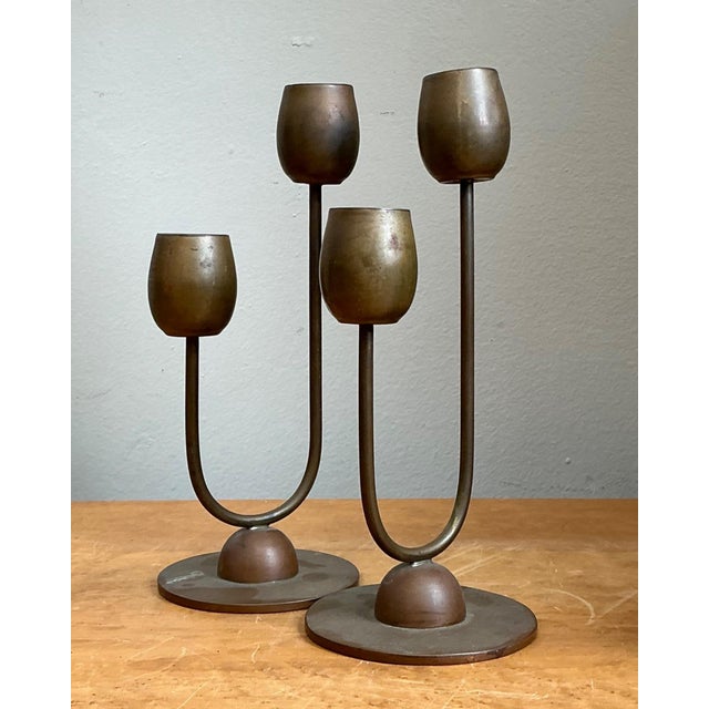 Mid-Century Modern Vintage Brass Modernist Candlesticks - A Pair For Sale - Image 3 of 15