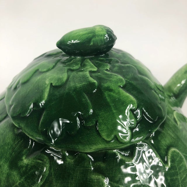 Italian Hand Painted Green Oak Leaf Vietri Foglia Glazed Ceramic Teapot