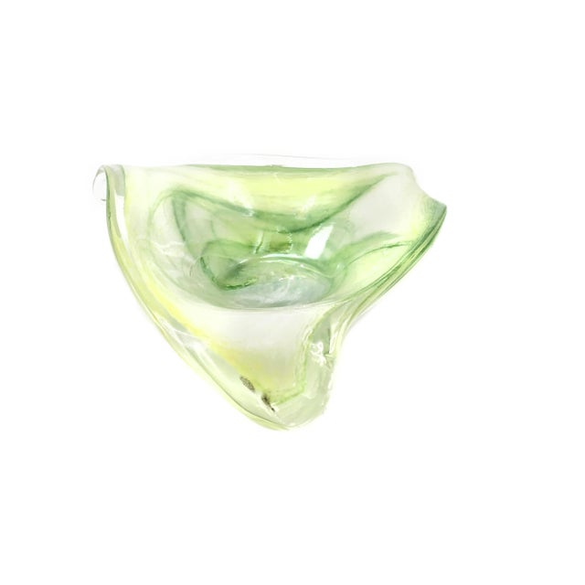 Mid-Century Modern vintage hand blown thick glass bowl with swirling pale green coloring and clear rim, made in Italy....