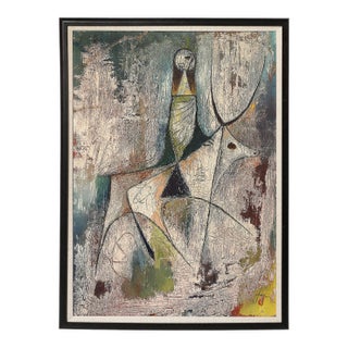 Mid-Century Modernist Abstract Figure Oil on Paper Painting Signed Hans Jaenisch For Sale