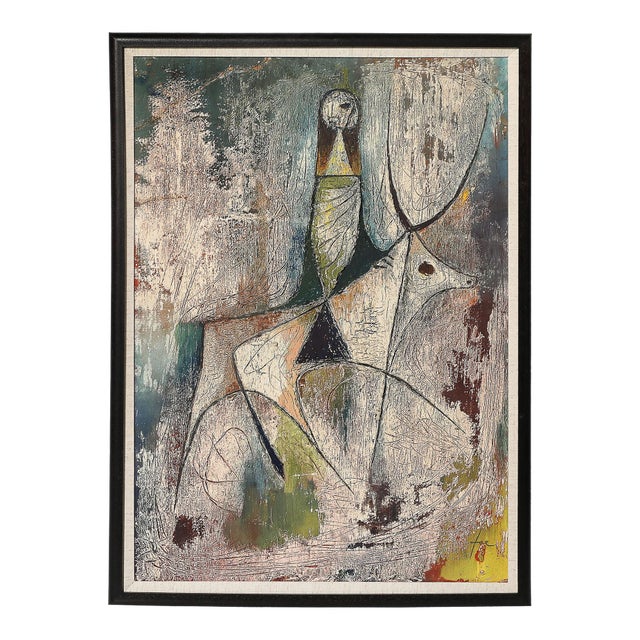 Mid-Century Modernist Abstract Figure Oil on Paper Painting Signed Hans Jaenisch For Sale
