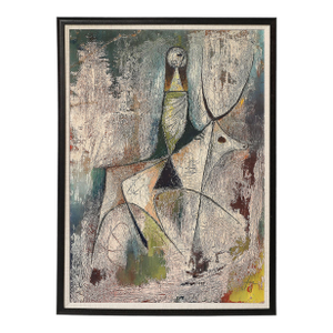 Mid-Century Modernist Abstract Figure Oil on Paper Painting Signed Hans Jaenisch