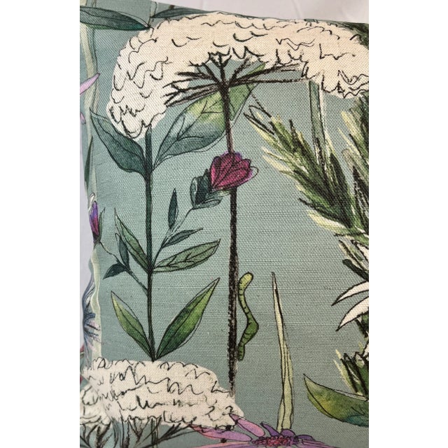 Mid-Century Modern Large Bolster Pillow With a Playful Mid Century Modern Water-Color-Like Floral Design Buzzing With Bees on a Light Green Background - Made in U K For Sale - Image 3 of 12