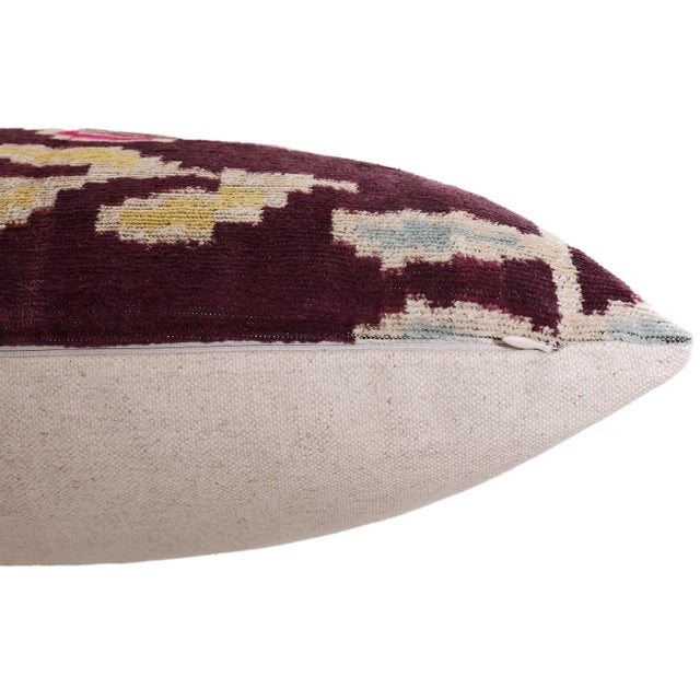 Burgundy Luxury Handwoven Silk Velvet Ikat Pillow 20x20 Inch – Burgundy & Soft Pastel For Sale - Image 8 of 8