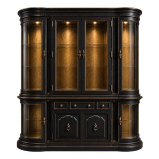 Mid 20th Century Matte Black & Gold Curved Glass Display Hutch / Hollywood Regency Architectural Cabinet For Sale