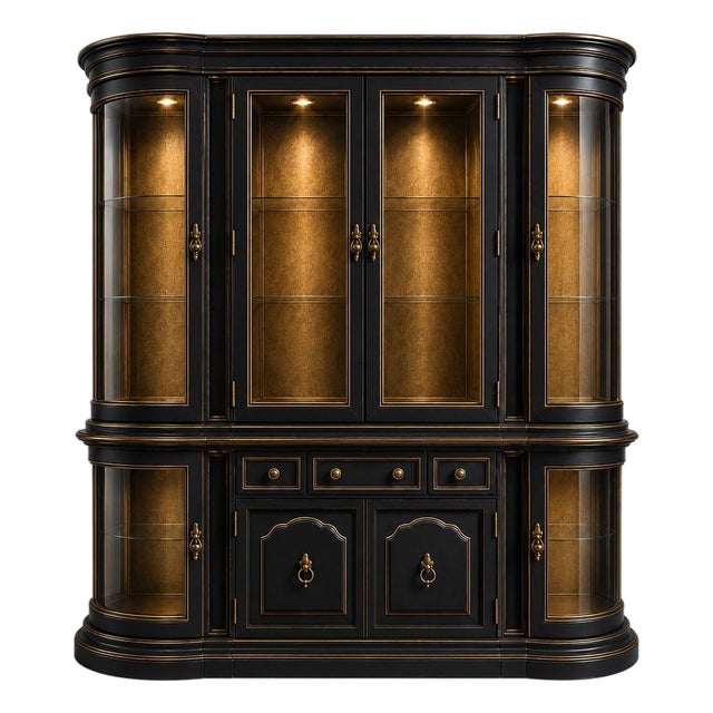 Mid 20th Century Matte Black & Gold Curved Glass Display Hutch / Hollywood Regency Architectural Cabinet For Sale