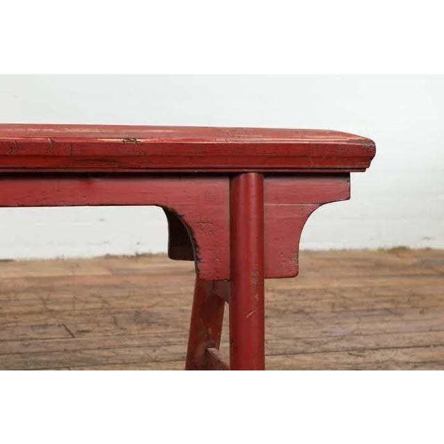 Distressed Red Lacquered Chinese Vintage Ming Style Bench with A-Form Base For Sale - Image 9 of 13