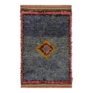 1950s Vintage Tulu Rug in Blue With Colorful Medallion Pattern by Rug & Kilim For Sale