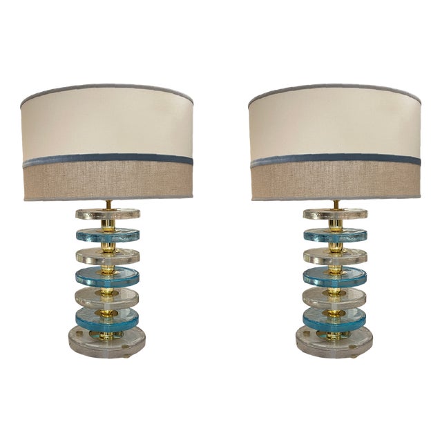 Vintage Blue and Clear Murano Glass Disc Table Lamps, Set of 2 For Sale