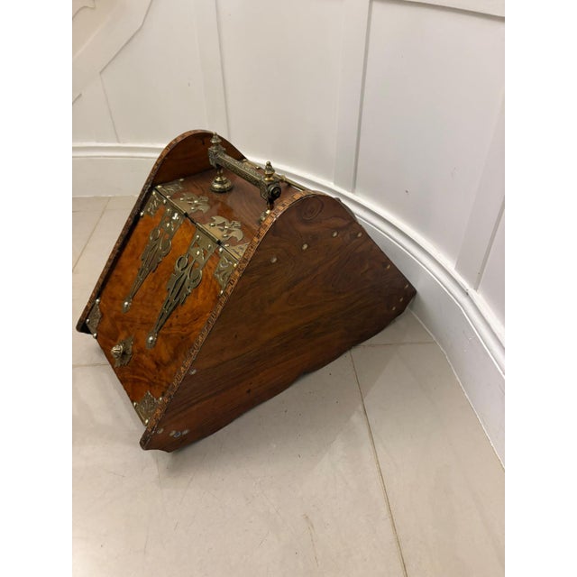 Antique Victorian Brass-Mounted Walnut Log Scuttle, 1880s For Sale - Image 4 of 9