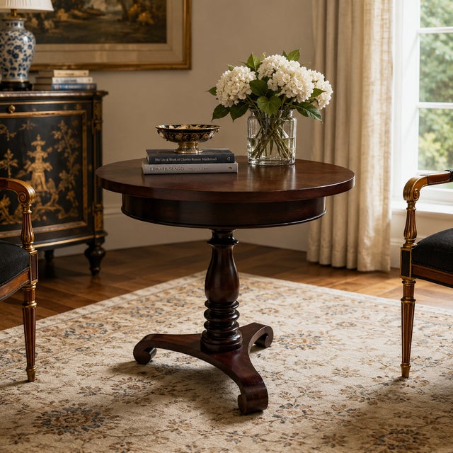 Elegant Baker Furniture pedestal table crafted in rich mahogany with a classic tripod base and beautifully figured...