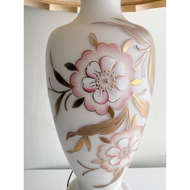 Hollywood Regency Mid Century Bavarian Glass Lamp Painted Floral Gold Accents With Shade For Sale - Image 3 of 11