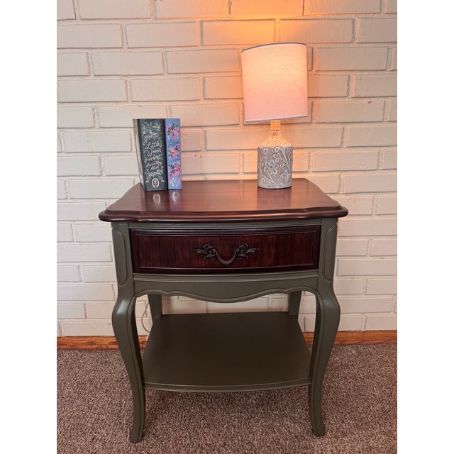 Olive Vintage Dixie Side Table | Refinished Solid Wood Accent Table in Olive Green & Mahogany For Sale - Image 8 of 9