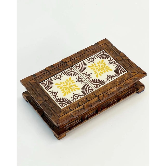 Folk Art 1970s Vintage Mexican Folk Art Carved Wooden Box With Orion Decorative Tiles For Sale - Image 3 of 9