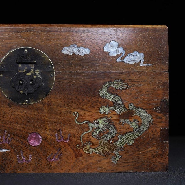 Wood Huali Rosewood Box Inlaid With Mother-of-Pearl Dragon & Phoenix For Sale - Image 7 of 9