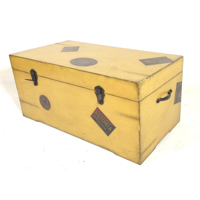 Rustic European Decorative Reproduction Storage Box Trunk With Replica Hotel Travel Labels For Sale - Image 3 of 11