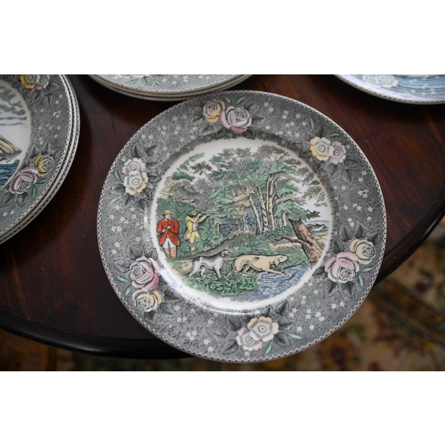 1930s Adams Currier and Ives Dinner Plates Gray Rose Border Vintage Americana Transferware - Set of 8 For Sale In Washington DC - Image 6 of 12