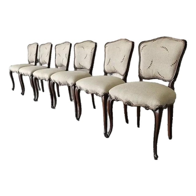 Set of Six Antique Walnut Dining Chairs in Louis XV Style With Hand-Carved Frames For Sale