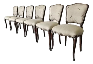Set of Six Antique Walnut Dining Chairs in Louis XV Style With Hand-Carved Frames