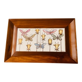 Aida Whedon Mid-Century Modern Porcelain & Cherry Wood Decorative Tray - Butterflies & Botanical Design For Sale