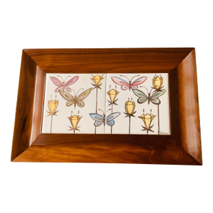 Aida Whedon Mid-Century Modern Porcelain & Cherry Wood Decorative Tray - Butterflies & Botanical Design