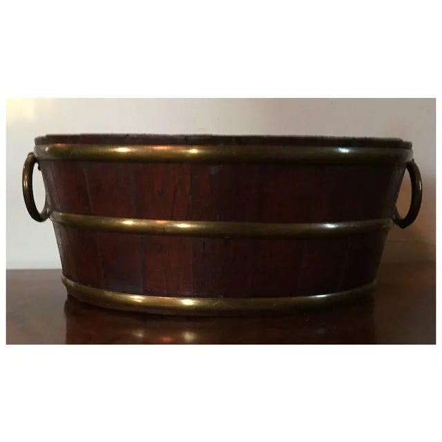 Wood Small Scale Antique 19th Century English Regency Brass Bound Oval Wine Tub or Planter With Ring Handles For Sale - Image 7 of 11
