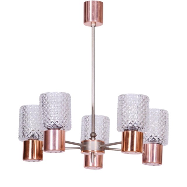 Mid-Century Chandelier in Chrome, Steel, Copper, and Glass, Czech, 1960s For Sale
