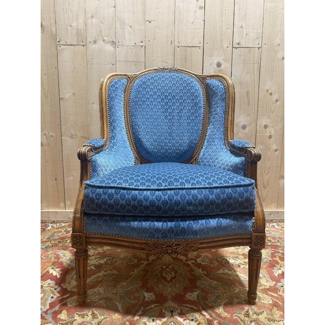 Louis XVI Style Wingback Chair in Blue Velvet For Sale - Image 4 of 10