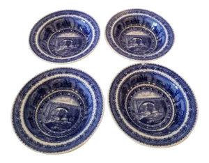 Mid 20th Century Four Blue and White Railroad Bowls