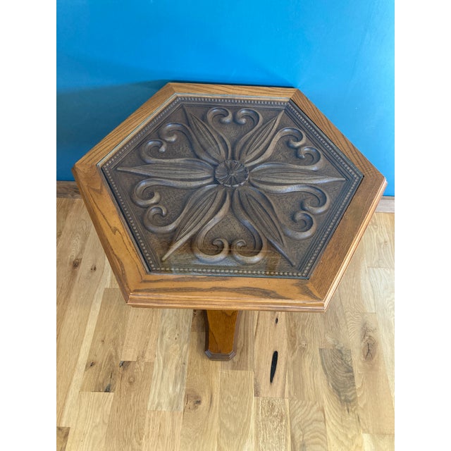 Vintage Hexagonal Wood & Glass Accent Table With Carved Top For Sale - Image 4 of 10