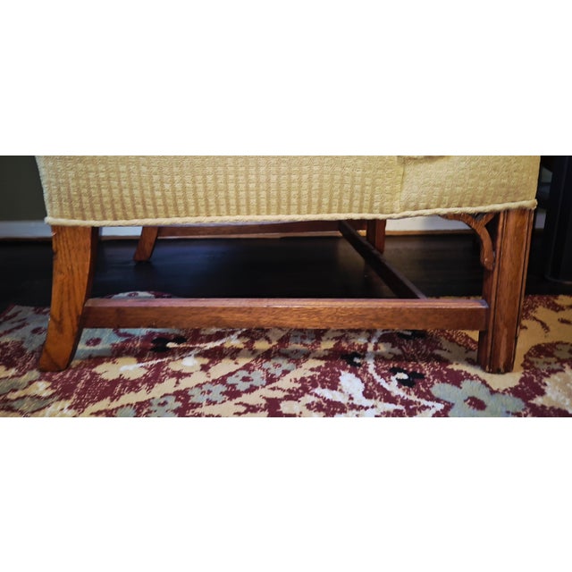 Early 20th Century Antique Upholstered Wingback Armchair With Carved Wood Arms For Sale - Image 5 of 15