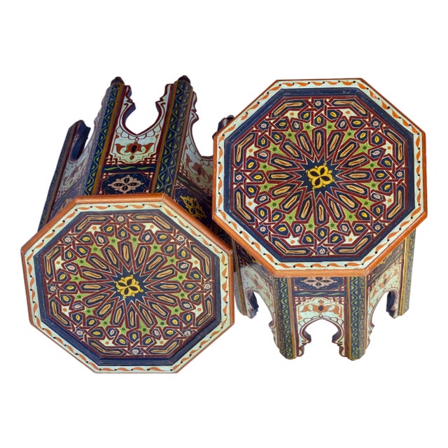 Pair Of Vintage Hand Painted Moroccan Side Tables For Sale