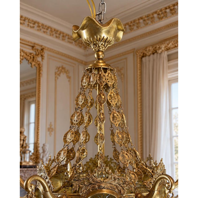 1970 French Artisan Louis XVI Gold Bronze Chandelier For Sale - Image 12 of 18