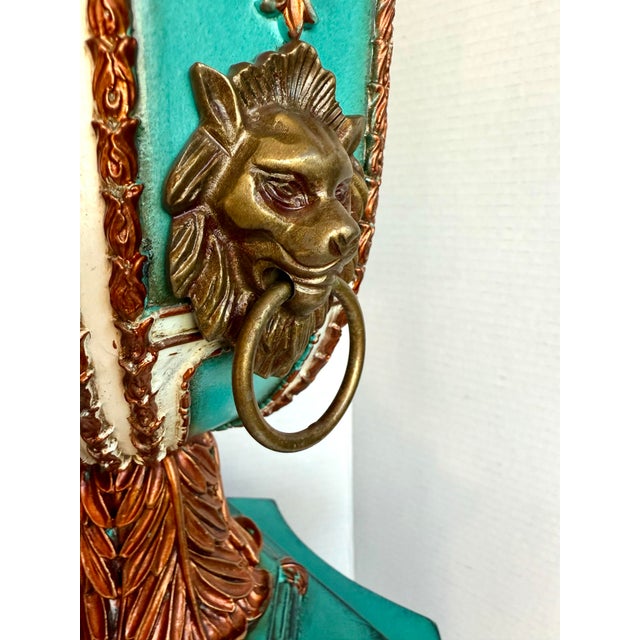 Turquoise Pair Lam Lee Group Neoclassical Style Turquoise & Copper Lidded Urn Mantel Vases For Sale - Image 8 of 12