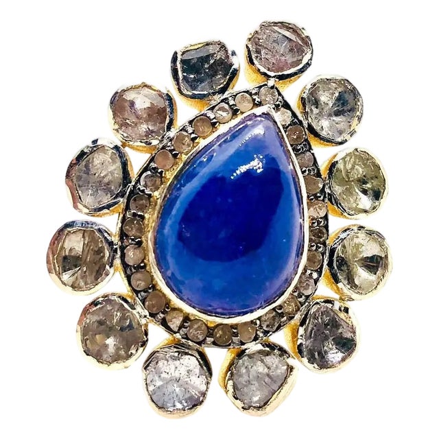 Bochic “Orient” Vintage Rose Cut Diamond & Tanzanite Ring Set 18K Gold & Silver For Sale