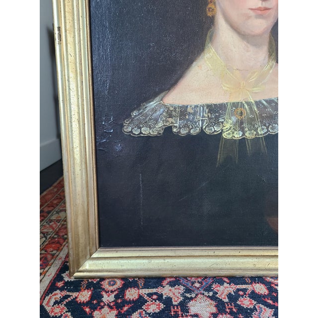 Antique 19th Century American Folk Art Oil Painting Portrait of a Woman in Black For Sale - Image 13 of 17