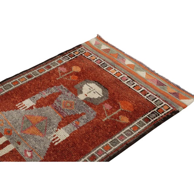 Rug & Kilim 1950s Vintage Tribal Runner in Rust, Orange and Gray Pictorials, Geometric For Sale - Image 4 of 6