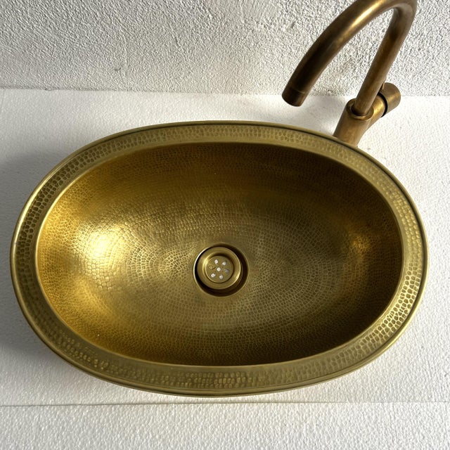 Oval Hammered Brass Drop-In Bathroom Sink, Rustic Moroccan Handmade & Brass Drain For Sale - Image 4 of 9