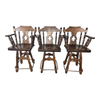 1981 Vintage Oak Swivel Bar Stools, Attributed to Virginia House, Set of 3 For Sale